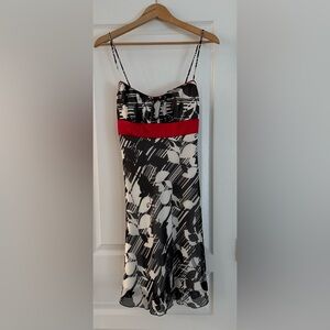 Black and White Floral Dress with Red Accent